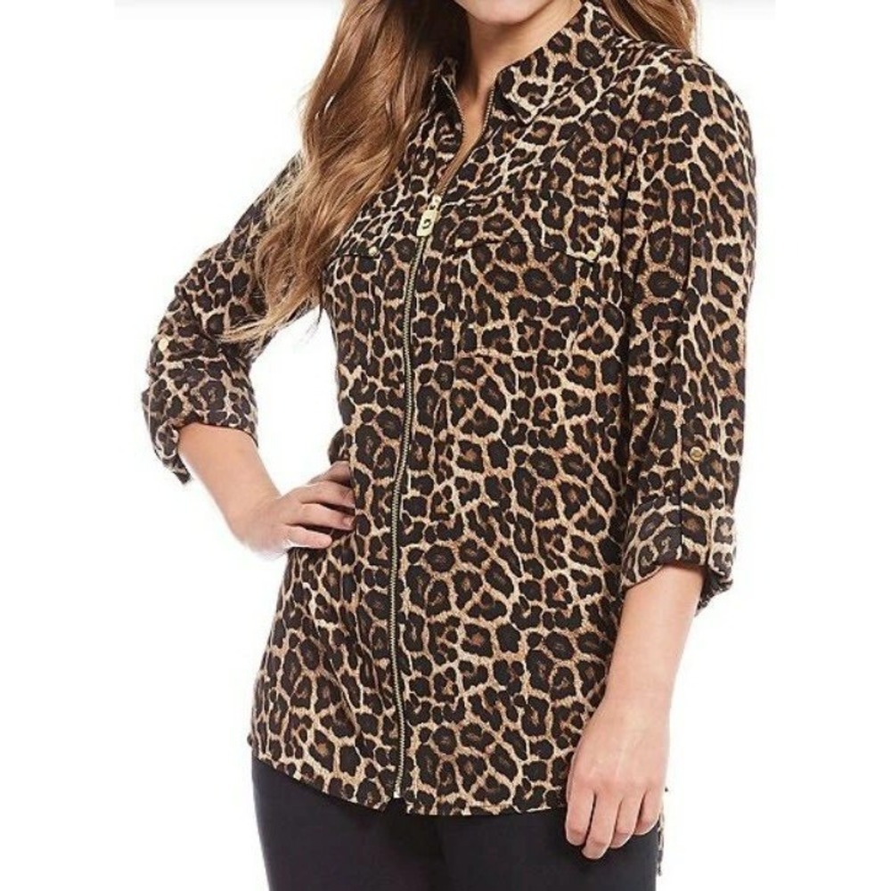 Michael Kors Women's M Brown Leopard Zip Front Blouse Polyester Chiffon